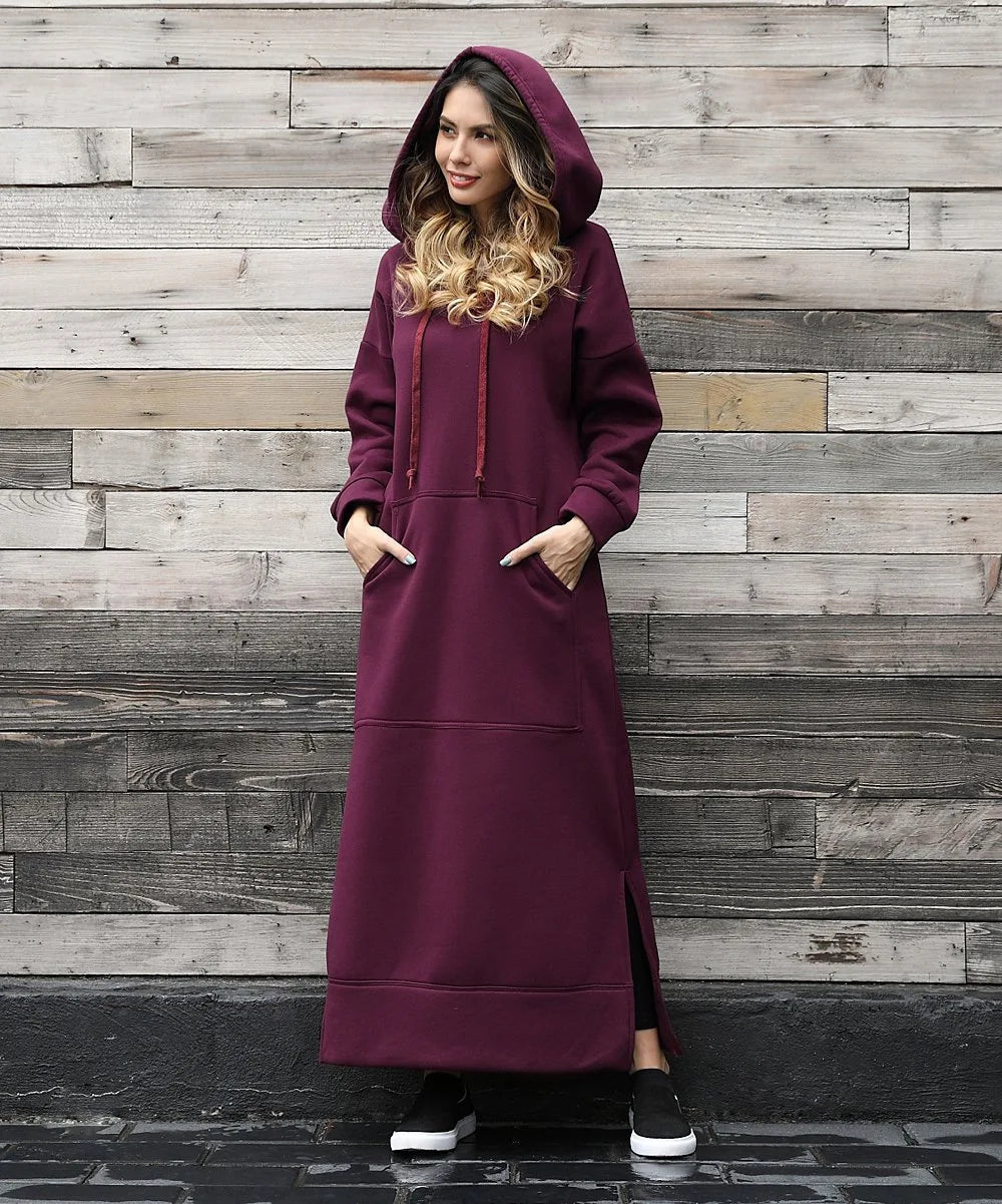 Hoodies Dress For Women Fashion 2025 Hem Lace-up Midi Robe Hooded Long Dress Autumn Winter Warm Casual Loose Sweatshirt Vestidos NovaCart