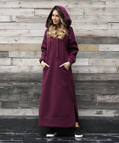 Hoodies Dress For Women Fashion 2025 Hem Lace-up Midi Robe Hooded Long Dress Autumn Winter Warm Casual Loose Sweatshirt Vestidos NovaCart