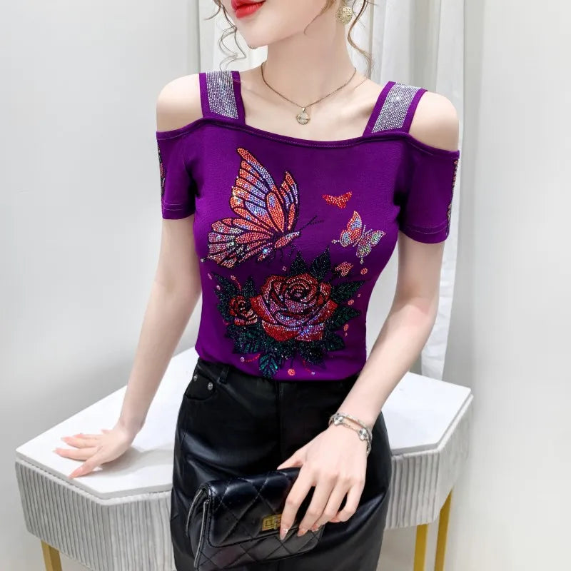 M-3XL Summer European Women's Clothes High Quality T-Shirt Luxury Hot Diamonds Design Slim Tees Sexy Girls Streetwear Tops NovaCart