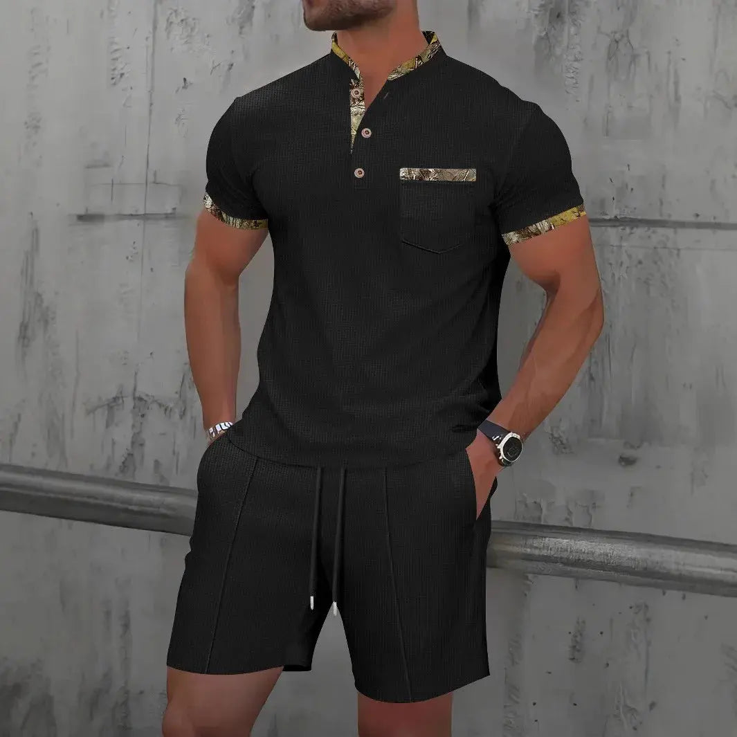 2025 Men Europe and the United States new summer Waffle solid color zip-up lapel short-sleeve suit shorts two sets NovaCart