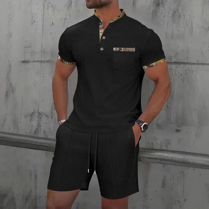 2025 Men Europe and the United States new summer Waffle solid color zip-up lapel short-sleeve suit shorts two sets NovaCart
