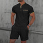 2025 Men Europe and the United States new summer Waffle solid color zip-up lapel short-sleeve suit shorts two sets NovaCart