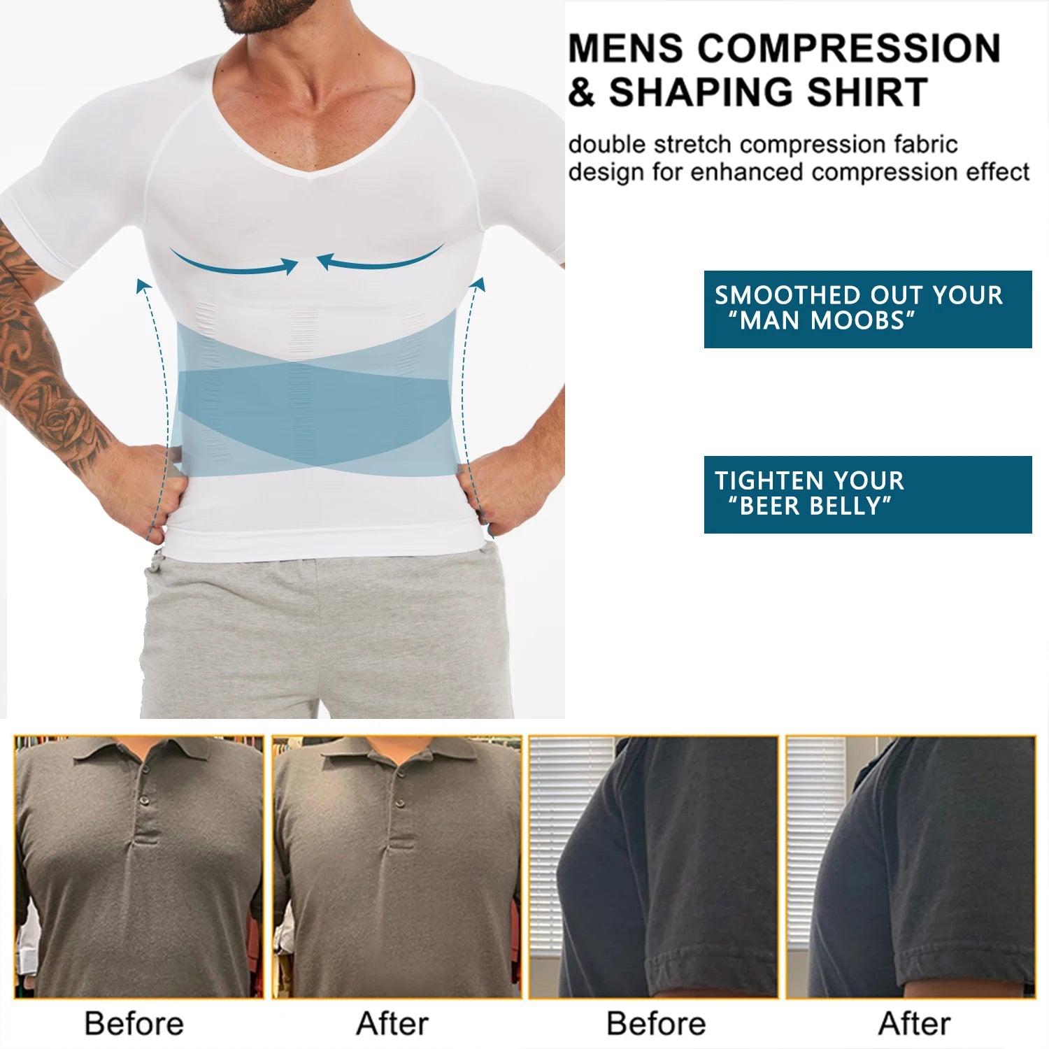 Men's Short Sleeve Compression T-Shirt V-neck Shapewear Tummy Control Flat Belly Tank Top Fitness Workout Slimming Body Shaper NovaCart