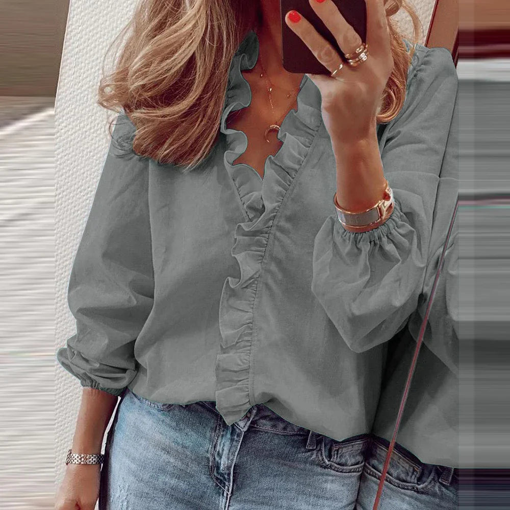 Plus Size Women Ruffled Blouse Pullover Long Sleeve