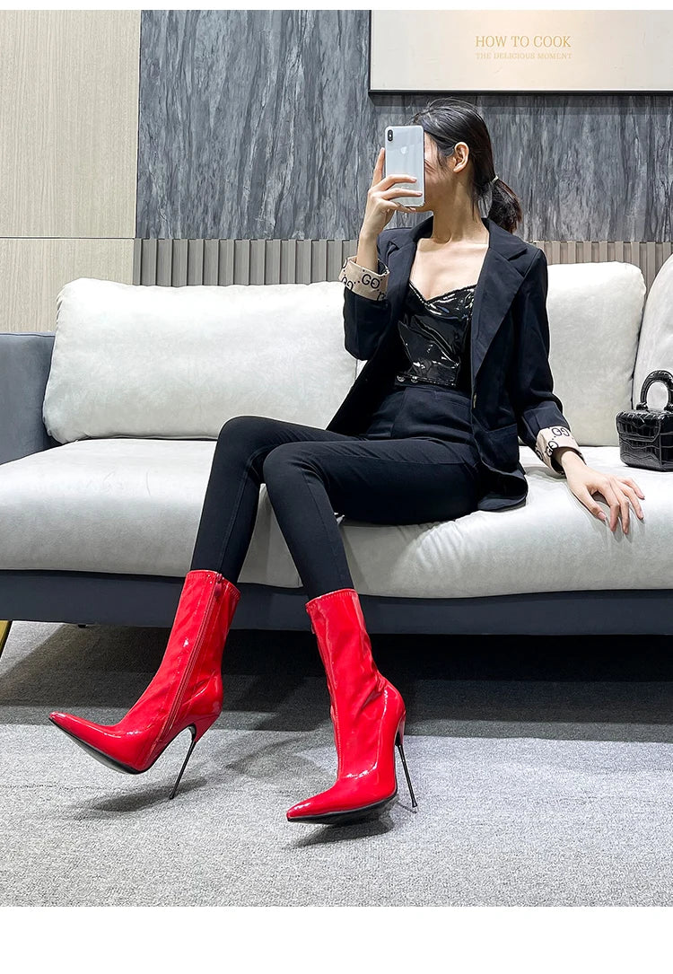 Knee-High Pointy Toe Women Boots 13cm Ultra Thin Steel High Heels Metal Heel Patent Leather Wide Calf Boots for Women Plus Size NovaCart