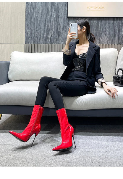 Knee-High Pointy Toe Women Boots 13cm Ultra Thin Steel High Heels Metal Heel Patent Leather Wide Calf Boots for Women Plus Size NovaCart