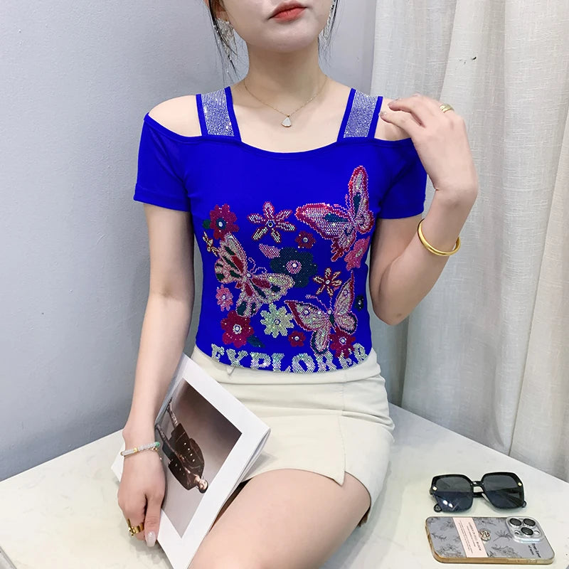 M-3XL Summer European Women's Clothes High Quality T-Shirt Luxury Hot Diamonds Design Slim Tees Sexy Girls Streetwear Tops NovaCart