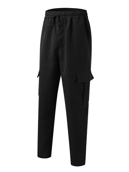 Men s Loose Cargo Long Pants Solid Color Drawstring Waist Straight Leg Trousers Casual Work Pants with Pockets NovaCart