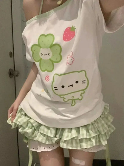 Ezgaga Harajuku T Shirts Women Cartoon Sweet Diagonal Collar Short Sleeve Off Shoulder Funny Tops Female Y2k Ladies Tshirts NovaCart