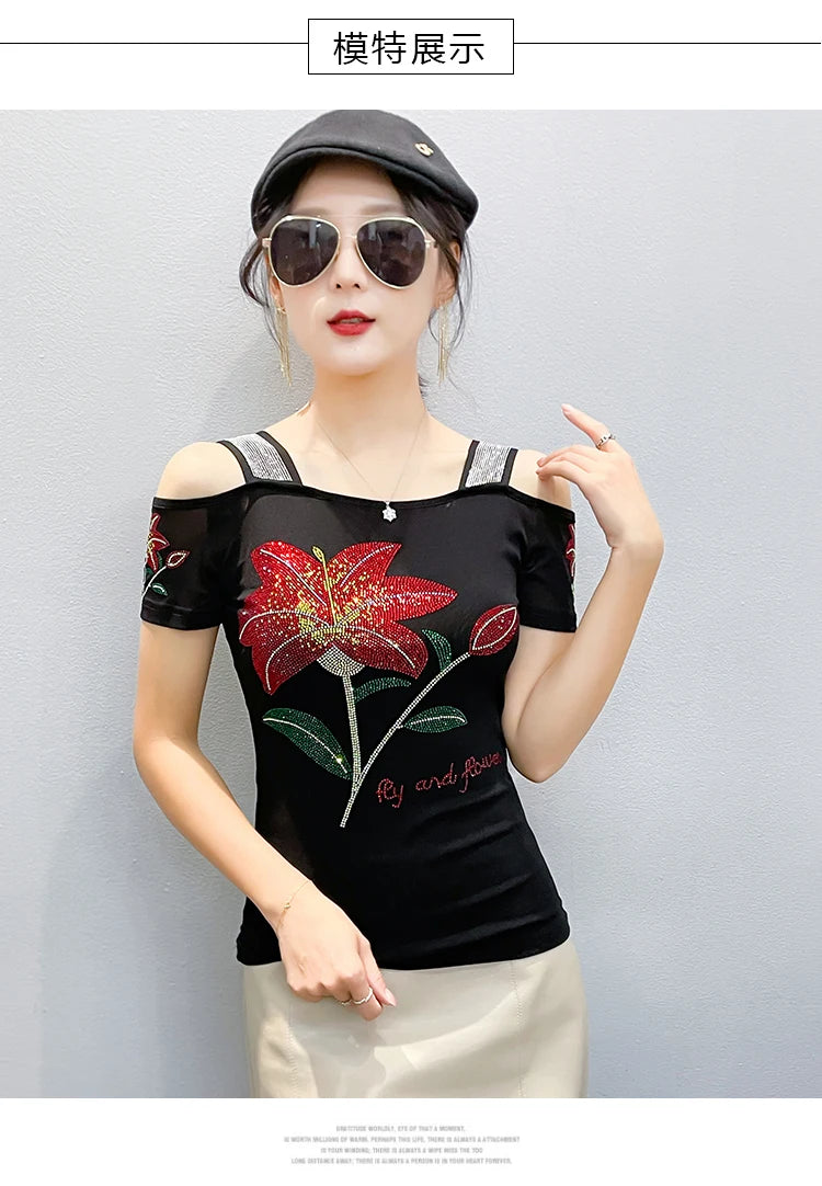 Women's Clothes New Design Sexy Off Shoulder Shiny Diamonds T-Shirts Luxury Brand Mesh Tees Tops Blouse Shirt NovaCart