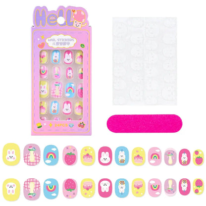 24Pcs/box Kids nails for Girl Cartoon Pattern False Nail Cute Child Fake Nails Tips Kawaii Acrylic Artificial Press on Nail+Tool NovaCart