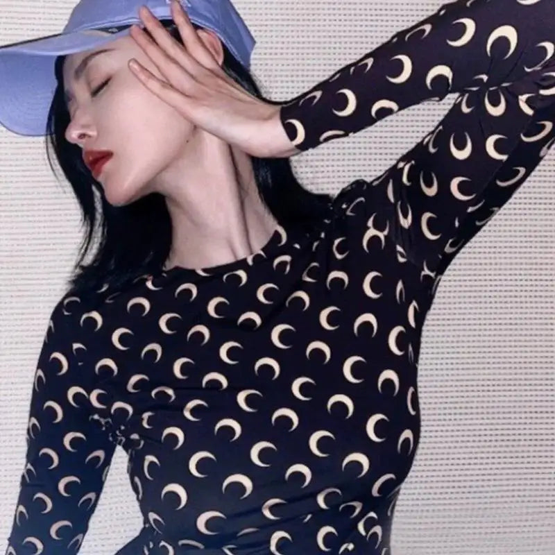 Woman Clothes Korean Moon Print Long Sleeve T-Shirt Fashion Casual Layered Sun Protection Top Ice Silk Basic Tee Spring Autumn NovaCart