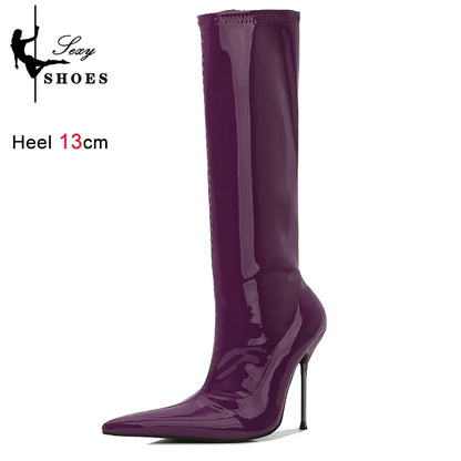 Knee-High Pointy Toe Women Boots 13cm Ultra Thin Steel High Heels Metal Heel Patent Leather Wide Calf Boots for Women Plus Size NovaCart