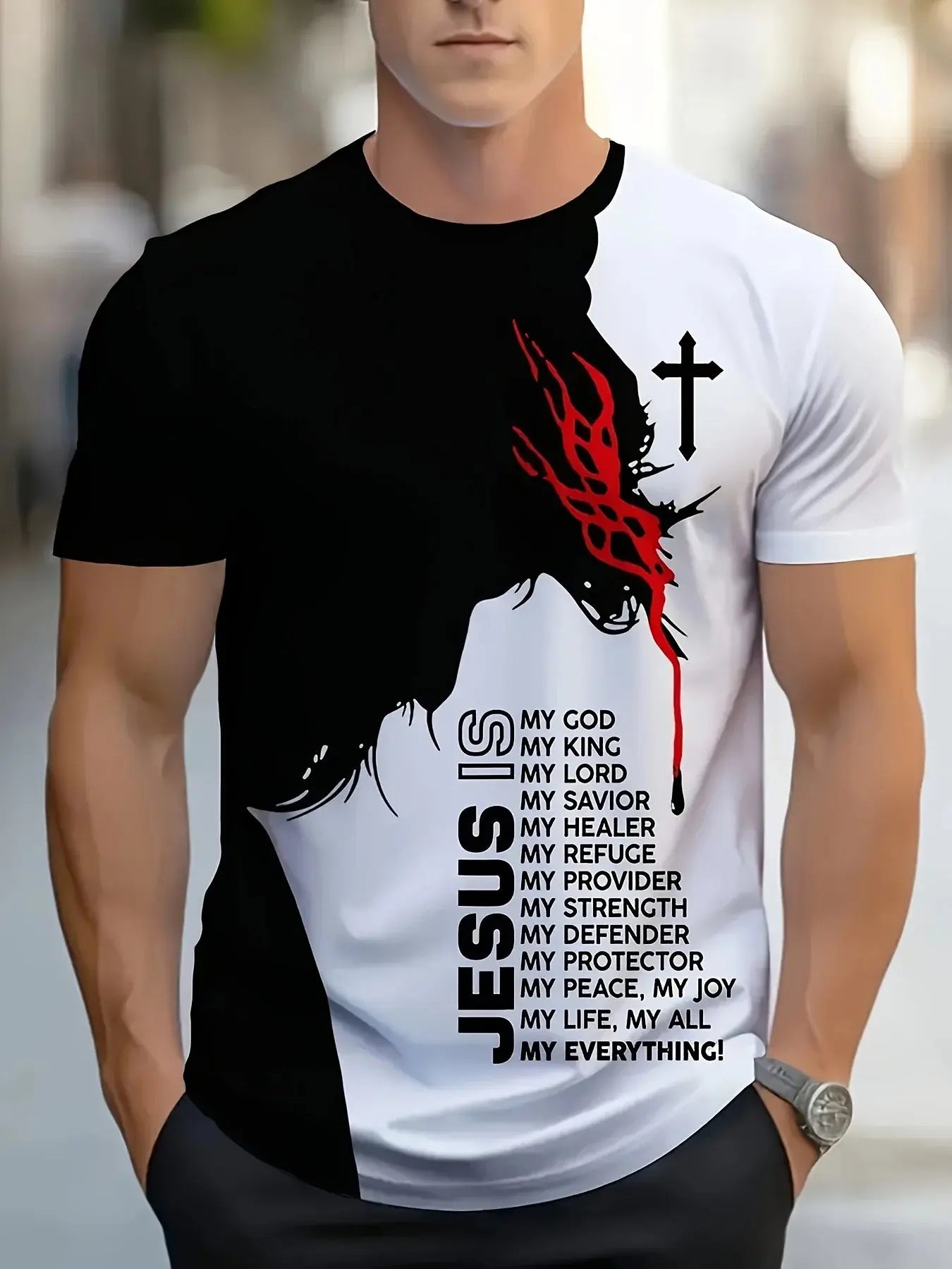 1pc Men'S Casual Polyester T-Shirt with 3D Jesus Graphic Print,Crew Neck,Short Sleeve,Slight Stretch Knit Fabri NovaCart