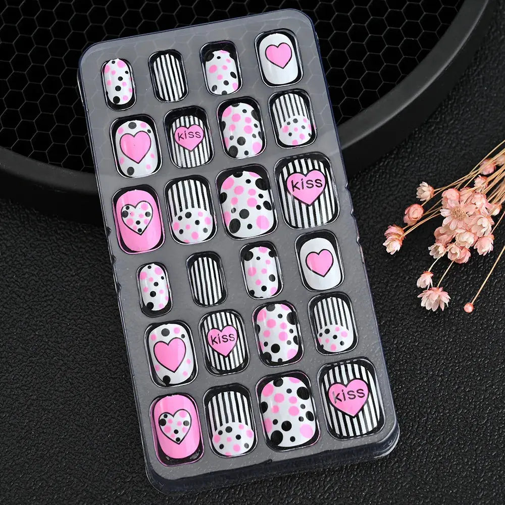 24Pcs/box Kids nails for Girl Cartoon Pattern False Nail Cute Child Fake Nails Tips Kawaii Acrylic Artificial Press on Nail+Tool NovaCart