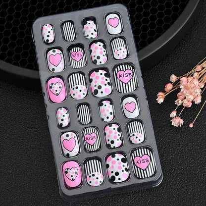 24Pcs/box Kids nails for Girl Cartoon Pattern False Nail Cute Child Fake Nails Tips Kawaii Acrylic Artificial Press on Nail+Tool NovaCart