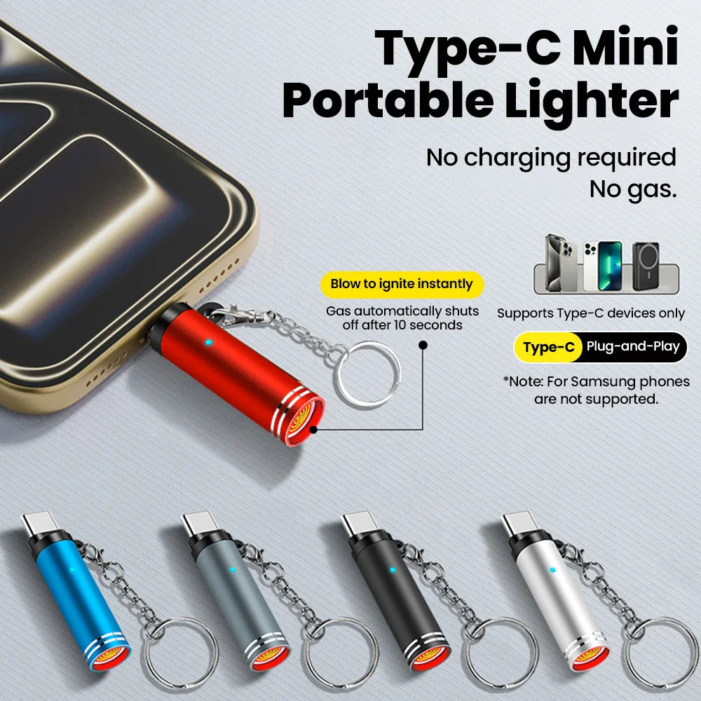 Mini Type C Mobile Phone Cigarette Lighter Air Blowing Cigarette Lighter Outdoor Safety USB C Lighter Adapter For iPhone 17 Pro Pi-Mart