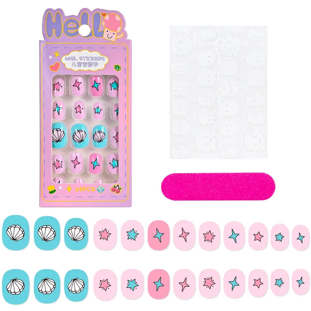 24Pcs/box Kids nails for Girl Cartoon Pattern False Nail Cute Child Fake Nails Tips Kawaii Acrylic Artificial Press on Nail+Tool NovaCart