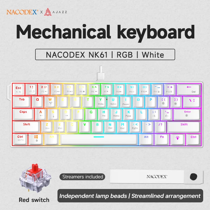 AJAZZ NK61 Wired Gaming Mechanical Keyboard 60% RGB Hot-Swappable 61 Keys Red Switch Mini Keyboard for Gamer PC Pi-Mart