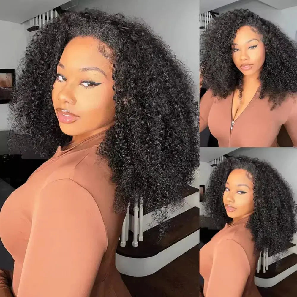 16 Inch 3 IN 1 Half Wig With Drawstring Seamless Human hair Wigs Kinky Curly Headband Wig Upgrade for Women Summer Machine Wigs NovaCart