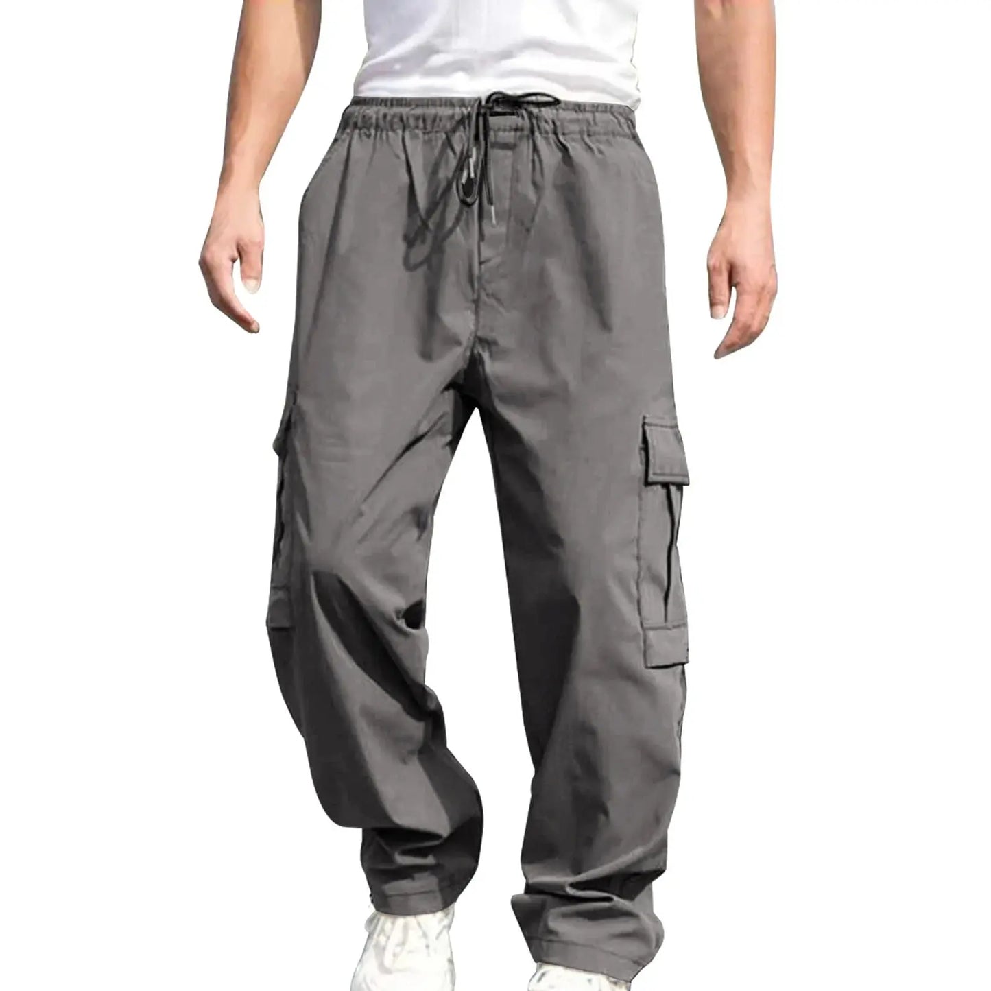 Men s Loose Cargo Long Pants Solid Color Drawstring Waist Straight Leg Trousers Casual Work Pants with Pockets NovaCart