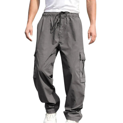 Men s Loose Cargo Long Pants Solid Color Drawstring Waist Straight Leg Trousers Casual Work Pants with Pockets NovaCart