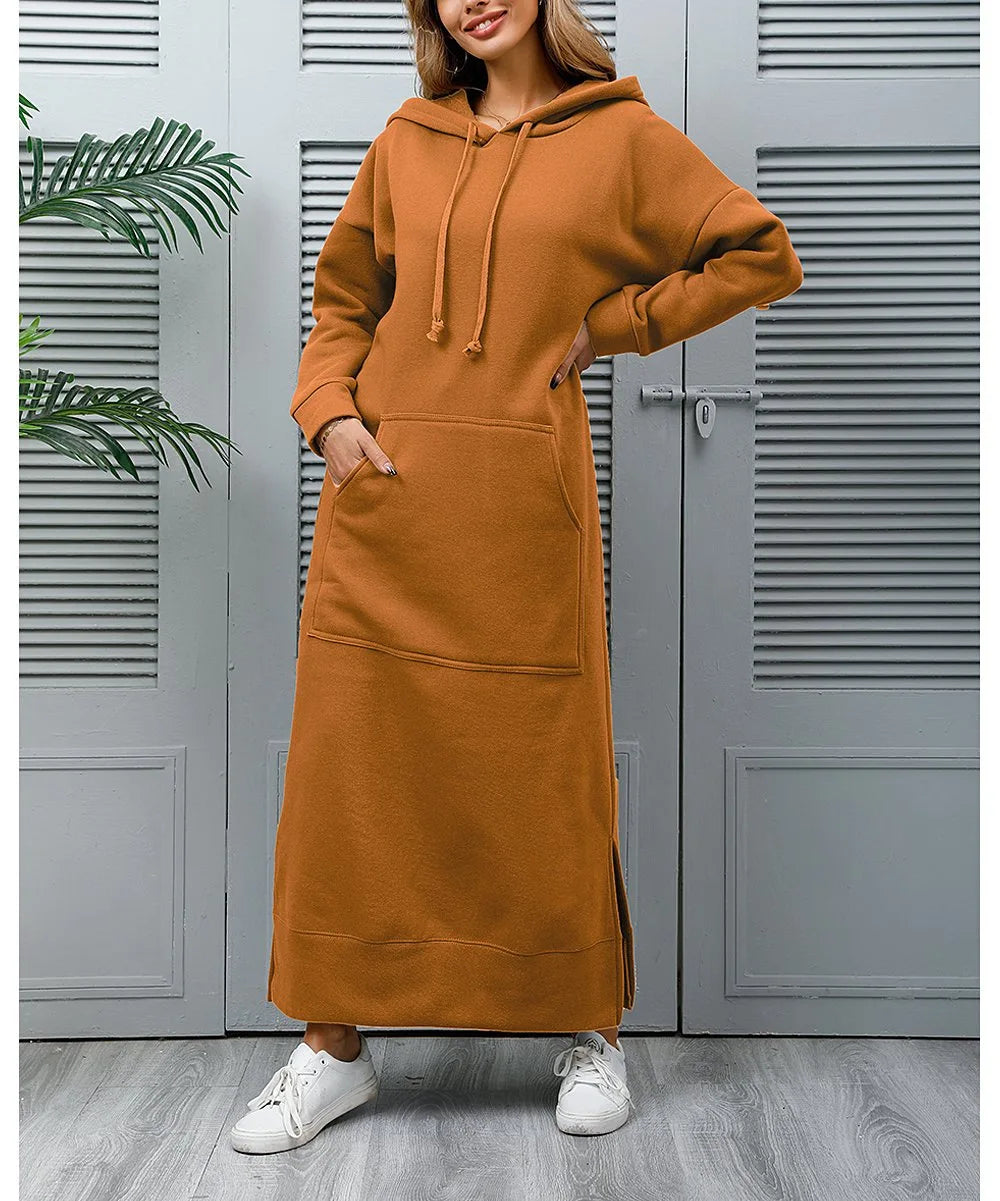Hoodies Dress For Women Fashion 2025 Hem Lace-up Midi Robe Hooded Long Dress Autumn Winter Warm Casual Loose Sweatshirt Vestidos NovaCart