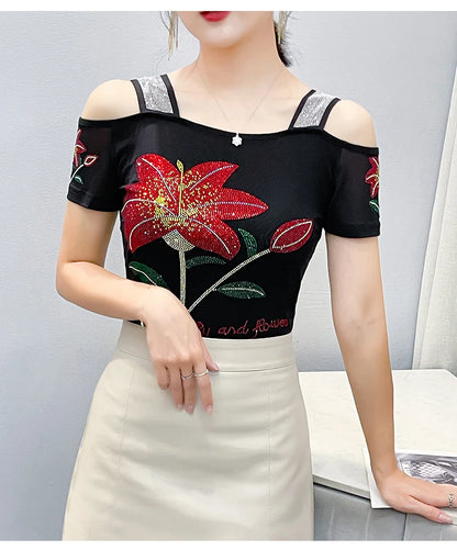 Women's Clothes New Design Sexy Off Shoulder Shiny Diamonds T-Shirts Luxury Brand Mesh Tees Tops Blouse Shirt NovaCart