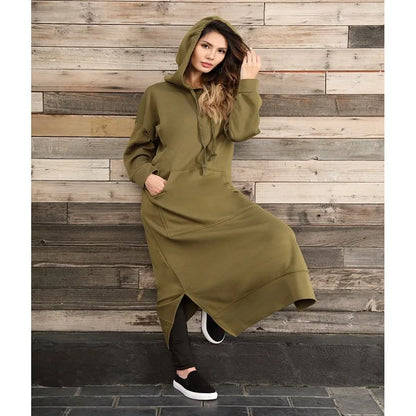 Hoodies Dress For Women Fashion 2025 Hem Lace-up Midi Robe Hooded Long Dress Autumn Winter Warm Casual Loose Sweatshirt Vestidos NovaCart