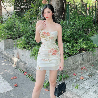 Floral Print Women Mesh Strap Mini Dress Ruched Bodycon Sexy Streetwear Summer Clothes