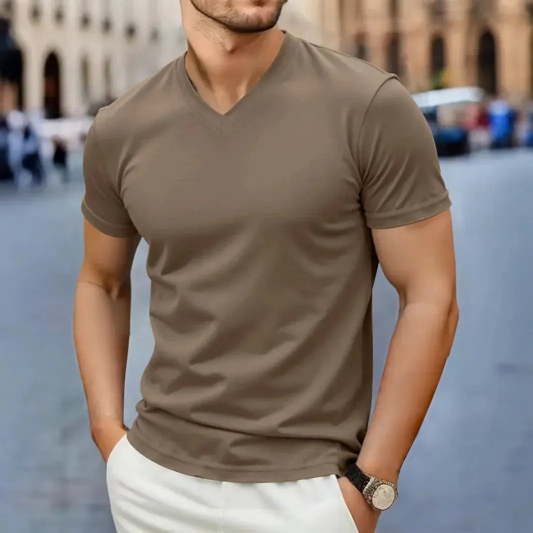 2025 New Men's Casual Fashion Simple V-neck Short Sleeved T-shirt Summer Comfortable Breathable Versatile Top NovaCart