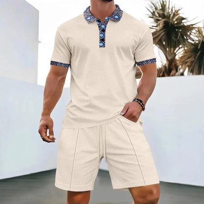 2025 Men Europe and the United States new summer Waffle solid color zip-up lapel short-sleeve suit shorts two sets NovaCart