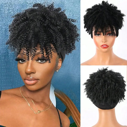 Headband Wigs for Synthetic Short Afro Kinky Curly Wigs Dark Brown Wig with Bangs Wrap Wigs 2 in 1 synthetic Wig Drawstring NovaCart