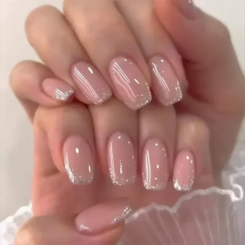 24Pcs Short Square Coffin False Nails Square Fake Nails with Glue French Glitter Wearable Acrylic Nails Set Press on Nail Tips NovaCart