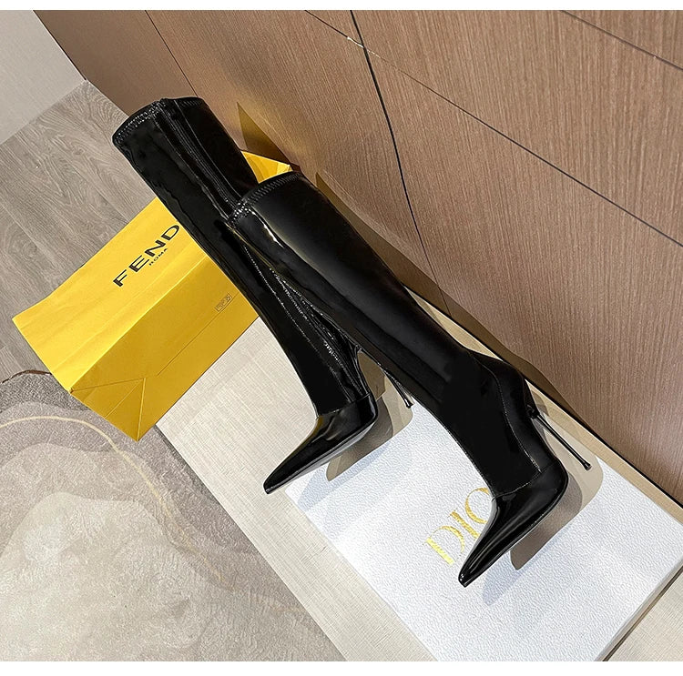 Knee-High Pointy Toe Women Boots 13cm Ultra Thin Steel High Heels Metal Heel Patent Leather Wide Calf Boots for Women Plus Size NovaCart