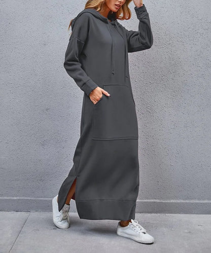 Hoodies Dress For Women Fashion 2025 Hem Lace-up Midi Robe Hooded Long Dress Autumn Winter Warm Casual Loose Sweatshirt Vestidos NovaCart