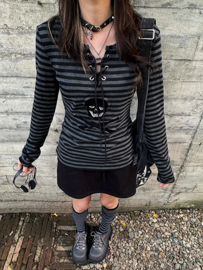 Tonngirls Gothic Retro T-shirt Women Lace Up Striped Casual Shirt Y2k Vintage Print Graphic Tops Streetwear american Grunge Tops NovaCart
