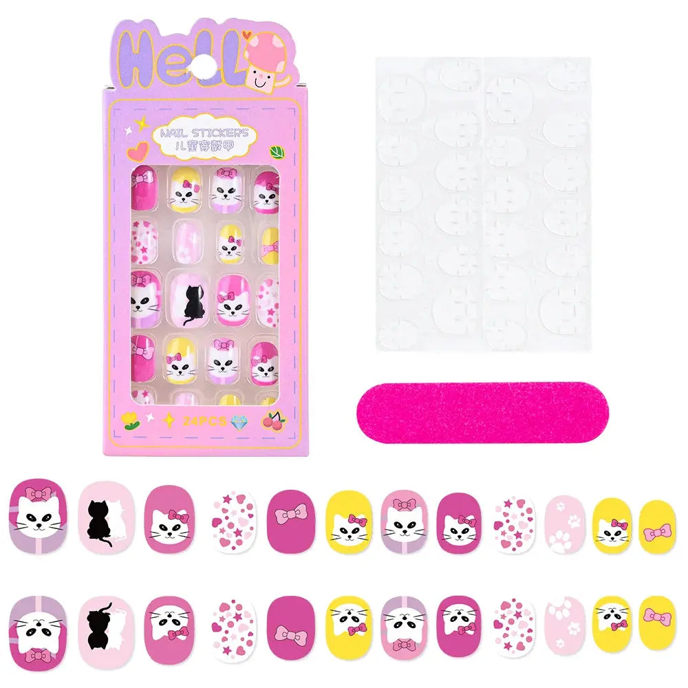 24Pcs/box Kids nails for Girl Cartoon Pattern False Nail Cute Child Fake Nails Tips Kawaii Acrylic Artificial Press on Nail+Tool NovaCart