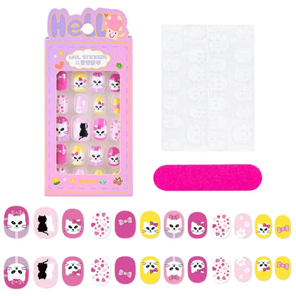 24Pcs/box Kids nails for Girl Cartoon Pattern False Nail Cute Child Fake Nails Tips Kawaii Acrylic Artificial Press on Nail+Tool NovaCart