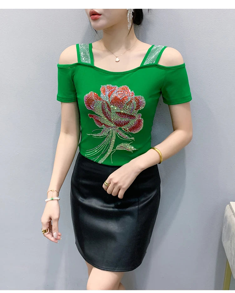 M-3XL Summer European Women's Clothes High Quality T-Shirt Luxury Hot Diamonds Design Slim Tees Sexy Girls Streetwear Tops NovaCart