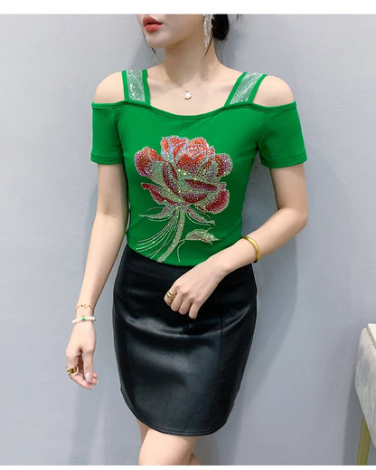 M-3XL Summer European Women's Clothes High Quality T-Shirt Luxury Hot Diamonds Design Slim Tees Sexy Girls Streetwear Tops NovaCart