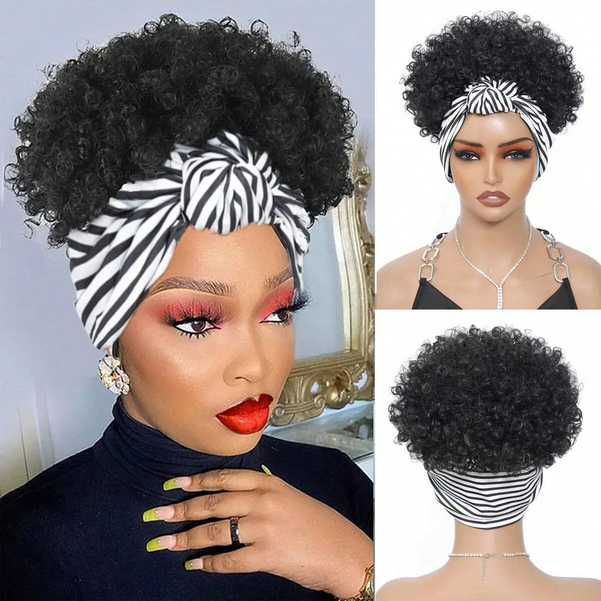 Black Headband Wigs For Women Afro Kinky Curly Wig With Synthetic Short Hair Wigs With Headband Attached Headwrap Wigs NovaCart