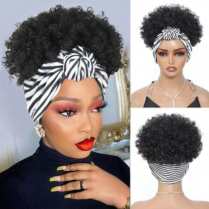 Black Headband Wigs For Women Afro Kinky Curly Wig With Synthetic Short Hair Wigs With Headband Attached Headwrap Wigs NovaCart