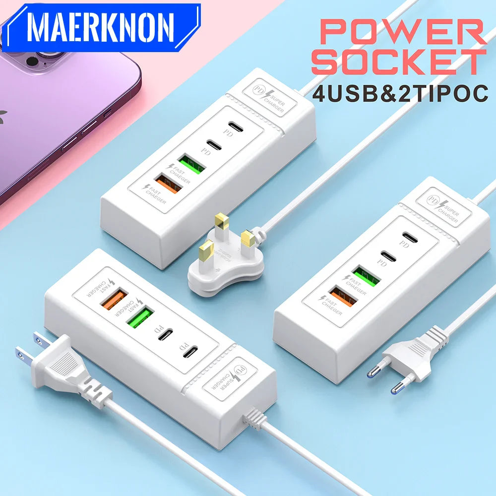 Multi Ports USB C Charger Power Strip PD Type C Fast Charging Wall Charger Socket Quick Charge 3.0 EU/US/UK Plug Power Adapter Pi-Mart