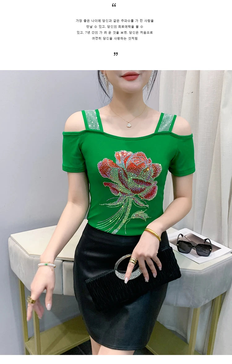 M-3XL Summer European Women's Clothes High Quality T-Shirt Luxury Hot Diamonds Design Slim Tees Sexy Girls Streetwear Tops NovaCart