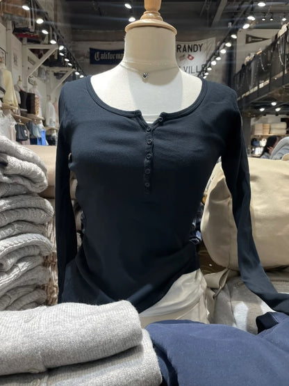 Six Buttons Ribbed Long Sleeve T-shirts Women Spring Round Neck Cotton Slim Tee Top Female Sweet Cute Pink Tshirt Y2k Tops New NovaCart