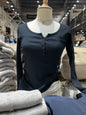 Six Buttons Ribbed Long Sleeve T-shirts Women Spring Round Neck Cotton Slim Tee Top Female Sweet Cute Pink Tshirt Y2k Tops New NovaCart