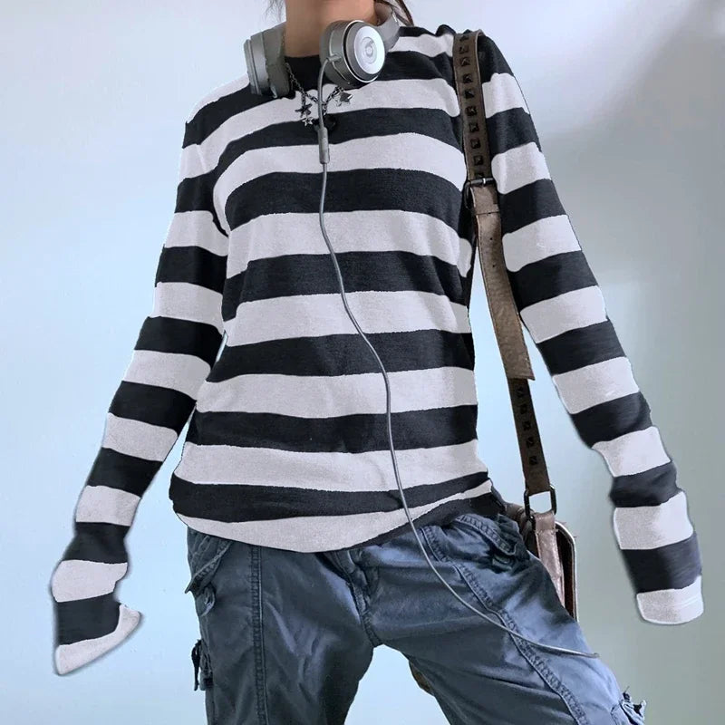 Women Teen Girls Fairy Grunge Y2k Long Sleeve Baggy Shirt Tops Striped Baby Tees Vintage Streetwear T-Shirt Autumn Clothes NovaCart