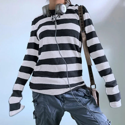 Women Teen Girls Fairy Grunge Y2k Long Sleeve Baggy Shirt Tops Striped Baby Tees Vintage Streetwear T-Shirt Autumn Clothes NovaCart