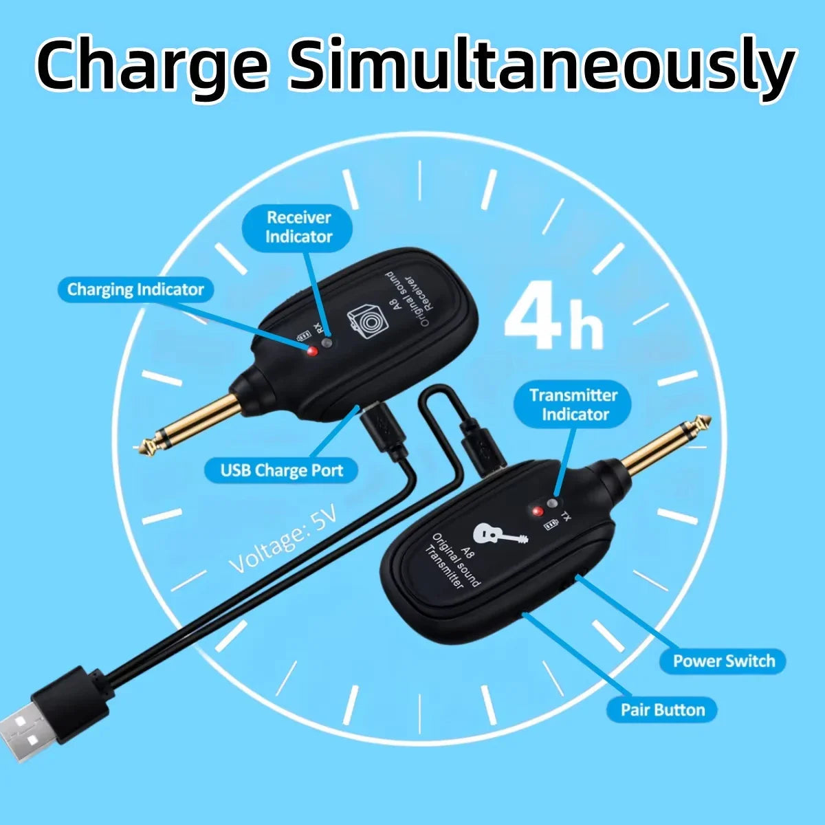 A8 Guitar Wireless System - Built-in Rechargeable Transmitter & Receiver for Electric Guitar/Bass Pi-Mart